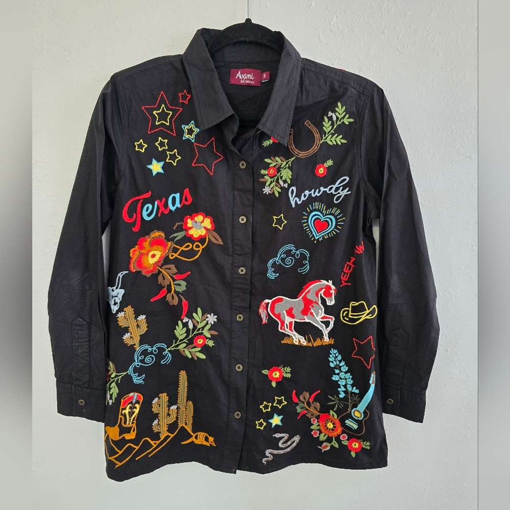 Avani Texas Western Rodeo Embroidered Black Button-Dow Top Size Small